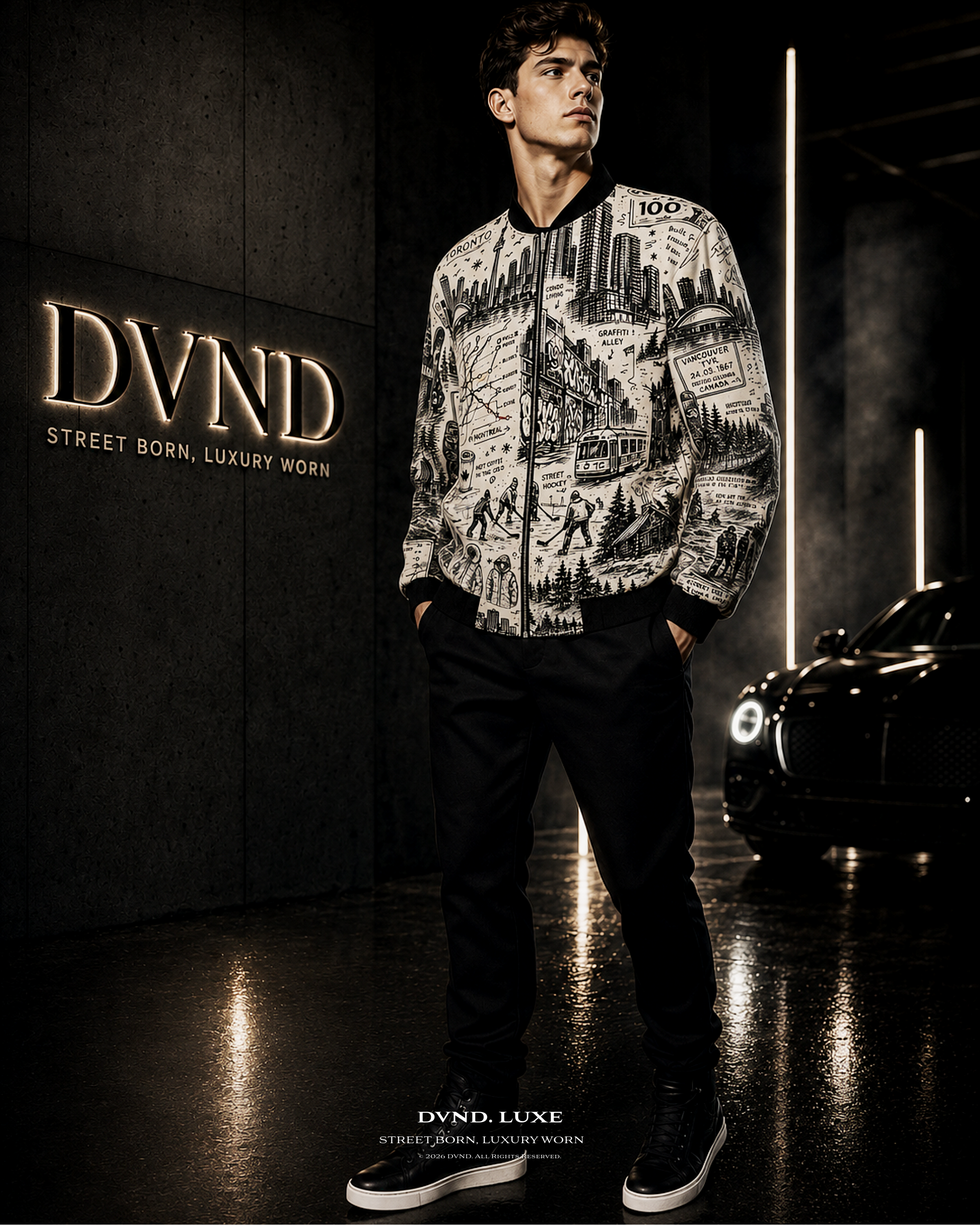 'THE GREAT WHITE' Mens Reversible Silk Bomber Jacket