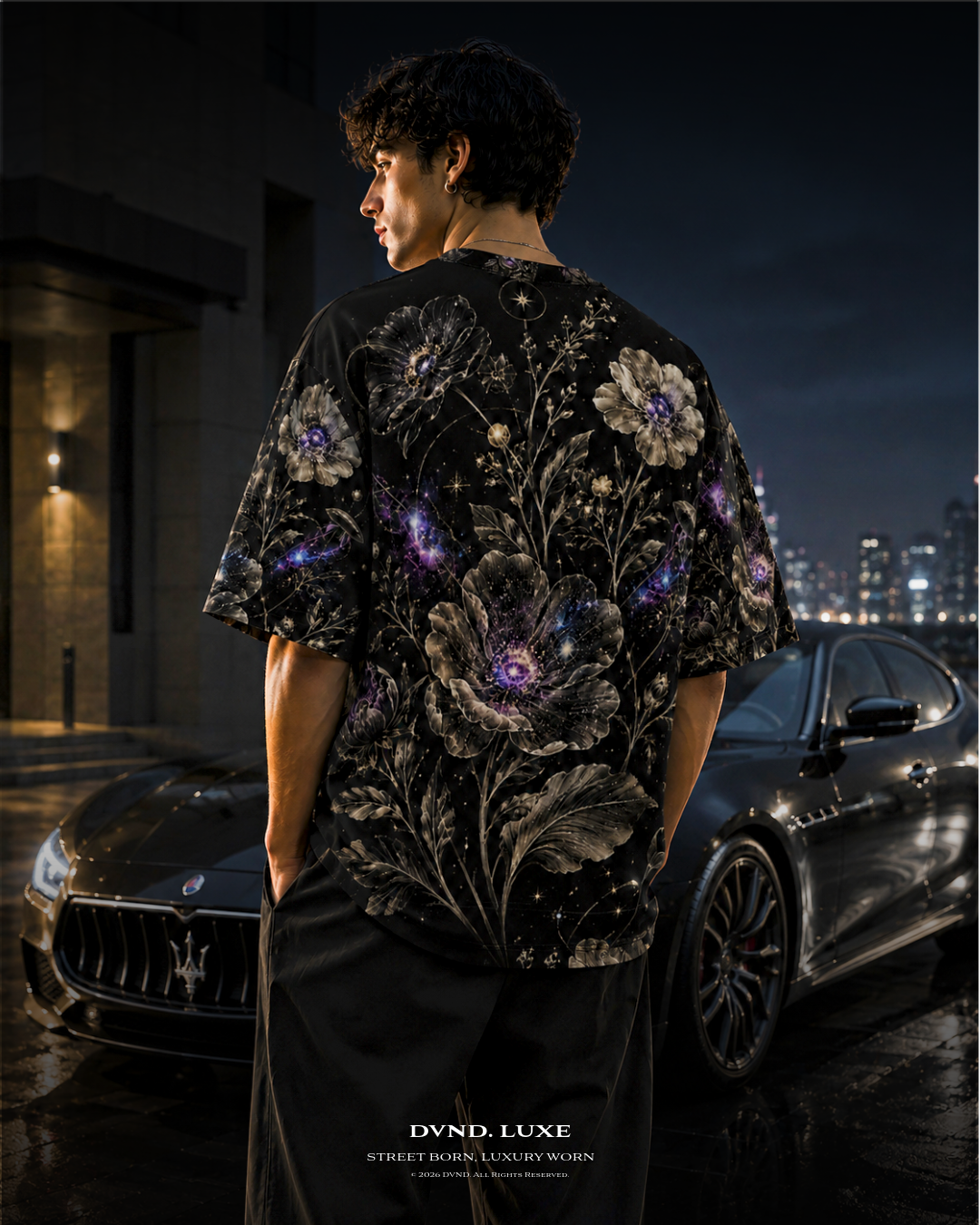 "NIGHT BLOOM" (by DVND Luxe) Mens premium Oversized T-Shirt