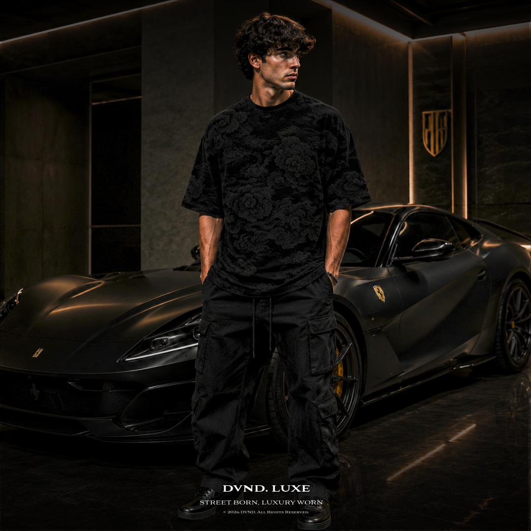 "OBSIDIAN BLOOM" (by DVND Luxe) Mens Premium Oversized T-Shirt